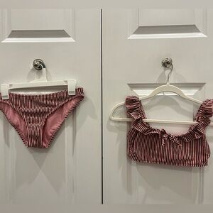 Pink and navy stripe swimsuit set